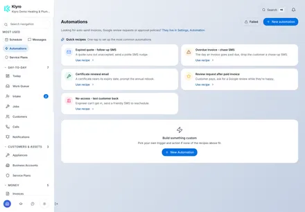 Current Klyro automation recipes for quote follow-up, certificate renewals, invoice reminders and other repeatable actions.