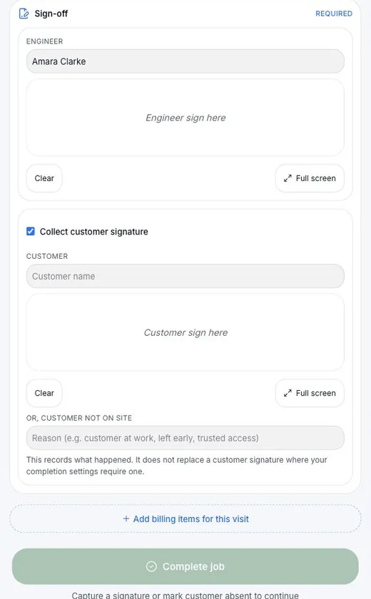 Klyro on-site sign-off: a required engineer signature for Amara Clarke, an optional customer signature with its own field, an alternative field to record why the customer was absent, and a Complete job button disabled until one is provided.