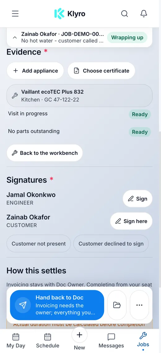 The current mobile job wrap-up screen, with separate engineer and customer signatures and options when the customer cannot sign.