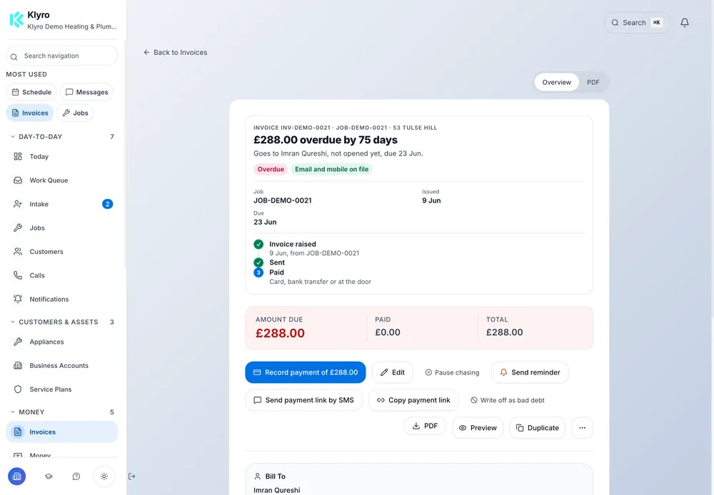 A real Klyro invoice record with a fictional outstanding balance and payment follow-up actions.