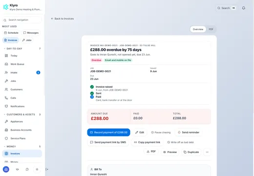 A current Klyro invoice with a fictional overdue balance of £288 and actions to record payment, send a reminder or share a payment link.