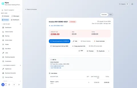 A Klyro invoice marked overdue: £288 due against £0 paid, weeks past its due date, with actions to record the payment, pause chasing, send a reminder or send a payment link by SMS.