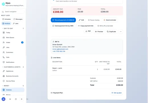 Klyro invoice details for a fictional repair, showing a £240 subtotal, £48 VAT and £288 total.