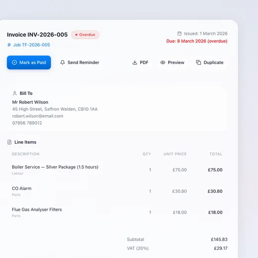 Klyro invoice line items: a boiler service silver package of 1.5 hours at £75 as labour, a CO alarm at £30.80 and flue gas analyser filters at £18 as parts, subtotalling £145.83 with VAT at 20 per cent of £29.17.
