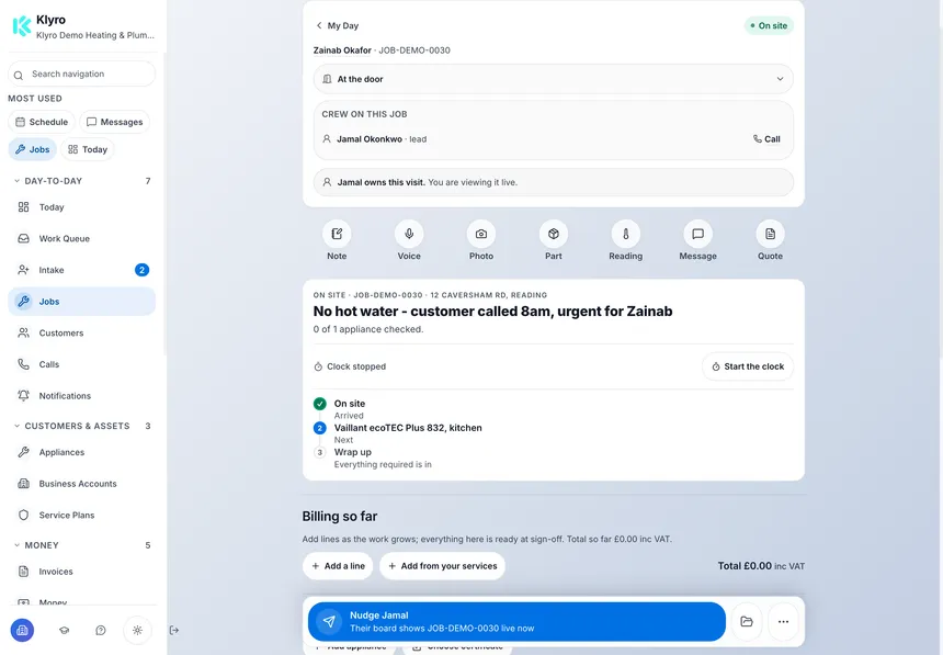 The current Klyro on-site job screen for fictional customer Zainab, with visit actions, appliance details and work records.