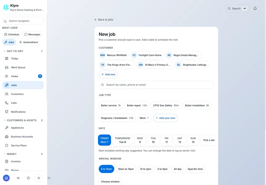 The current Klyro job-creation screen, connecting the customer and the work to be arranged.