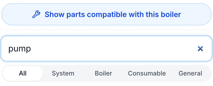 The Klyro add-part-to-job panel offering to show only parts compatible with this boiler, a search field containing pump, and filters for All, System, Boiler, Consumable and General.
