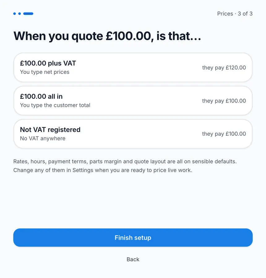 Klyro setup showing how the business enters prices and presents quotes to customers.
