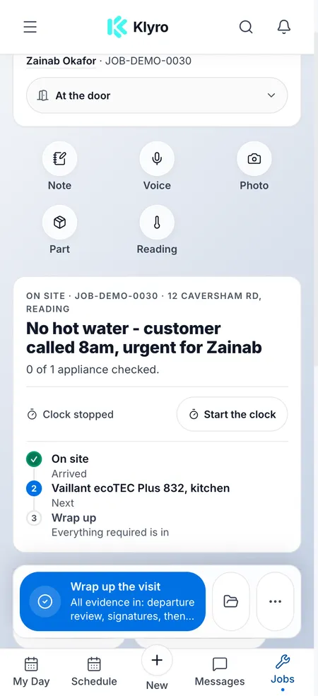 A real Klyro mobile job screen showing a fictional on-site visit, job actions and work records.