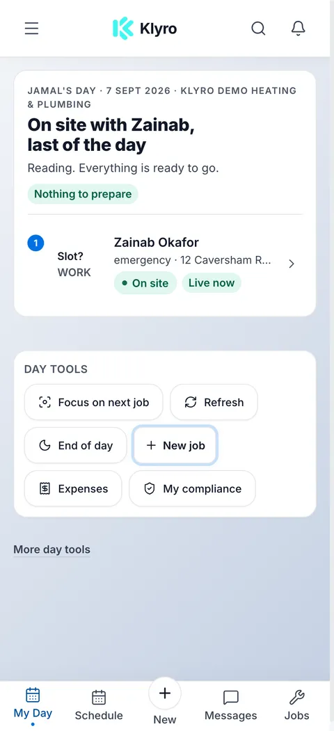 The current Klyro mobile working-day screen, captured with fictional demo jobs.