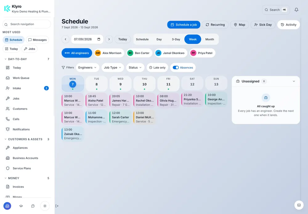 Klyro’s current weekly schedule with fictional demonstration jobs and engineers.