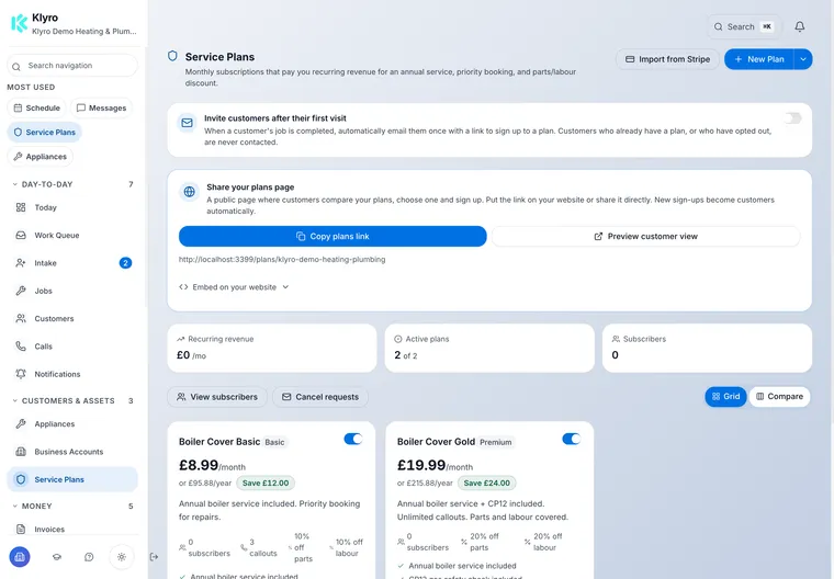 Klyro service plans configured for the fictional demonstration business, showing recurring prices and included work.