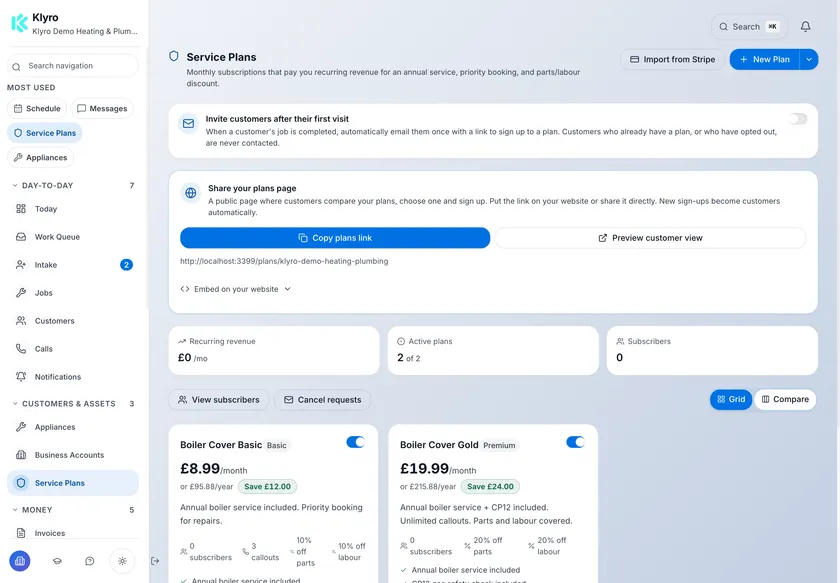 Klyro service plans configured for the fictional demonstration business, showing recurring prices and included work.