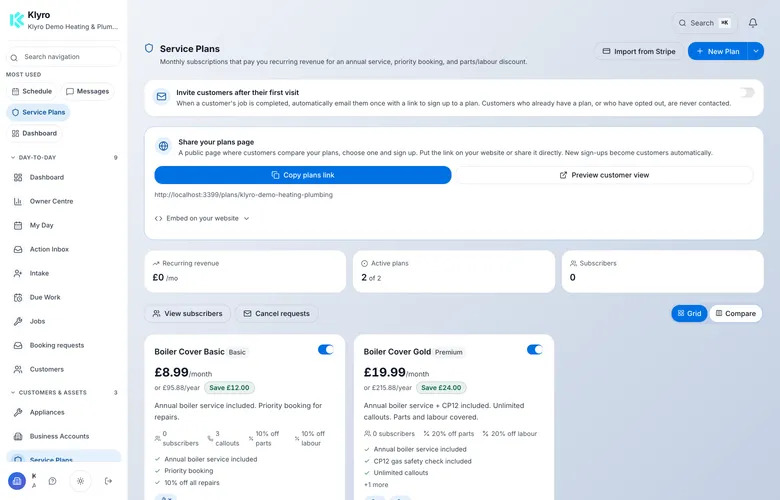 Two Klyro service plans the trade sells to its own customers: Boiler Cover Basic at £8.99 a month with an annual service, priority booking and ten per cent off repairs, and Boiler Cover Gold at £19.99 a month adding a CP12 and unlimited callouts with parts and labour covered.