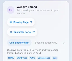 Klyro website-embed settings offering booking-page and customer-portal buttons as a combined widget, with copy-ready options for HTML, WordPress, Astro, Squarespace and Wix.